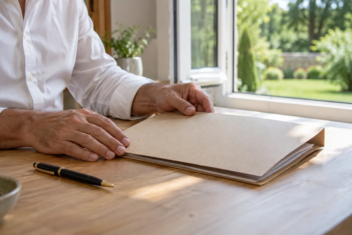 Mains d’un homme en chemise blanche feuilletant un dossier cartonné fermé sur une table en bois clair, fenêtre ouverte sur un jardin