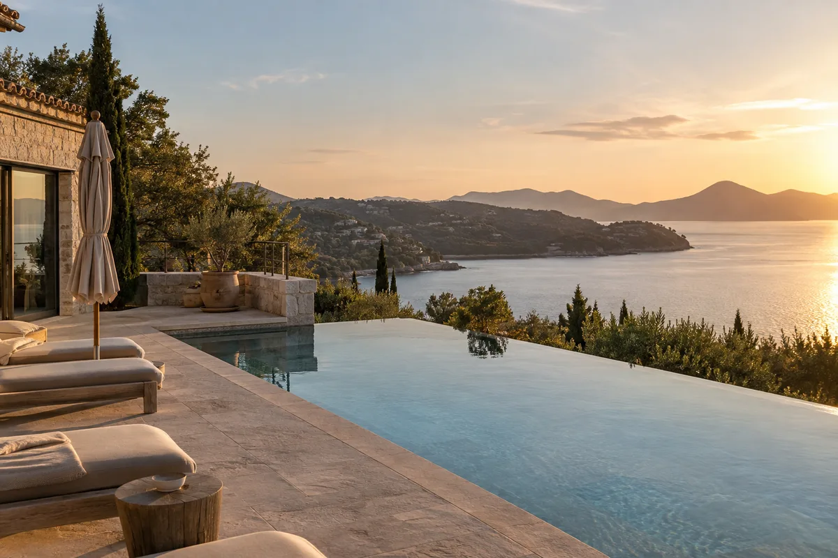 Piscine à débordement et terrasse en pierre d’une villa avec vue dégagée sur une baie méditerranéenne, parasol replié, lumière de fin d’après-midi