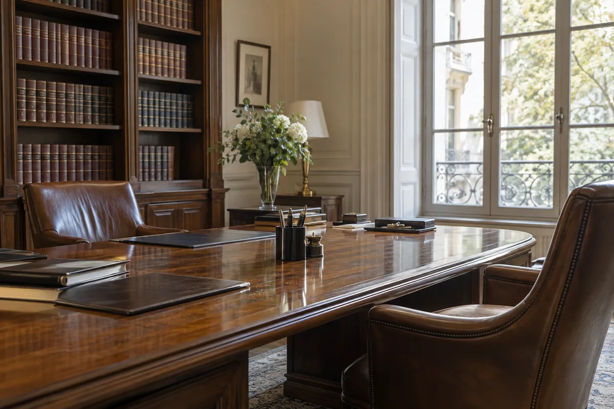 Bureau de notaire vide avec table en bois massif, fauteuils en cuir et bibliothèque, lumière douce d’une fenêtre à croisillons