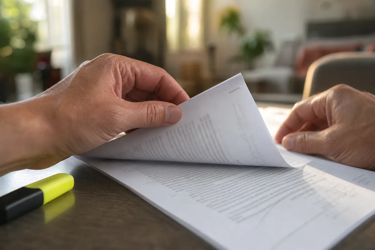 Mains feuilletant un contrat d’assurance de prêt annoté au crayon