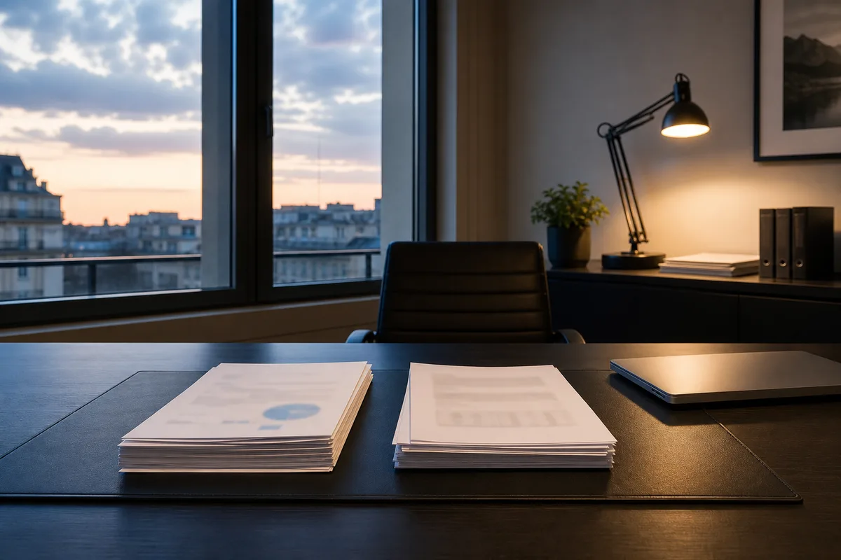 Bureau d’un courtier avec deux propositions d’assurance comparées côte à côte