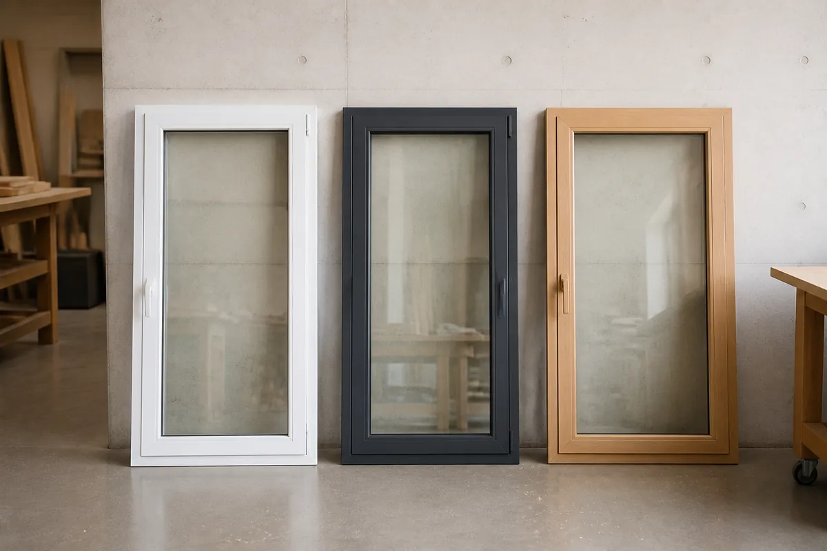 Trois châssis de fenêtre en PVC, aluminium et bois posés côte à côte dans un atelier