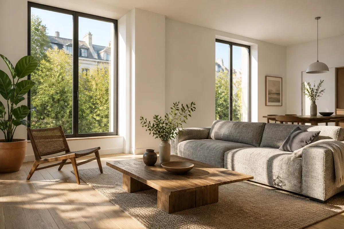 Séjour lumineux d’une maison ancienne après remplacement des fenêtres
