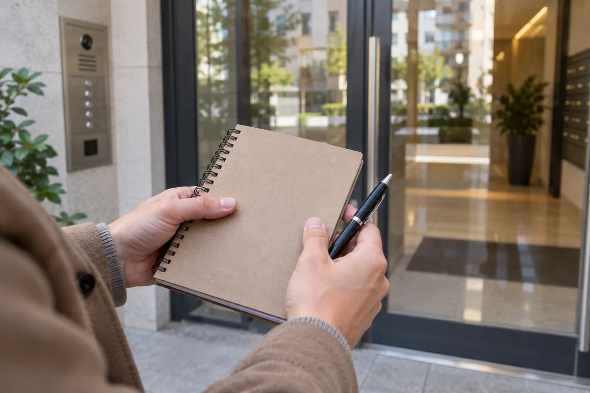 Mains tenant un carnet à spirale fermé et un stylo devant la porte vitrée d’un hall d’immeuble
