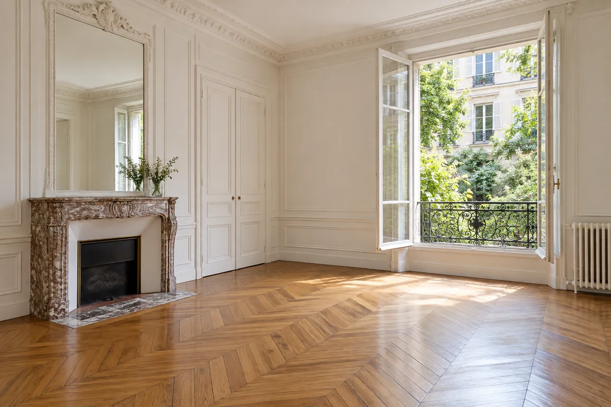 Salon vide avec parquet en chevrons, cheminée en marbre et fenêtre ouverte sur une cour arborée