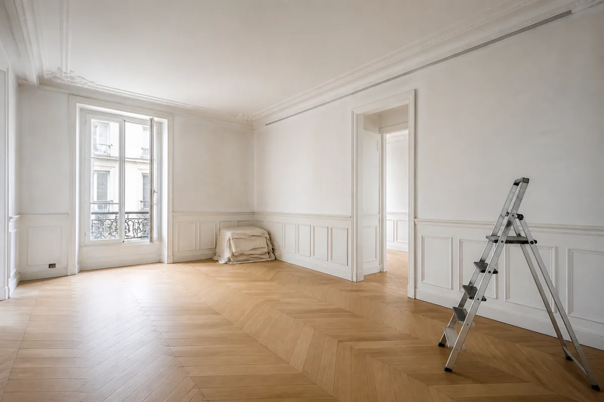Salon d’un appartement ancien en cours de rénovation avec parquet poncé et murs enduits