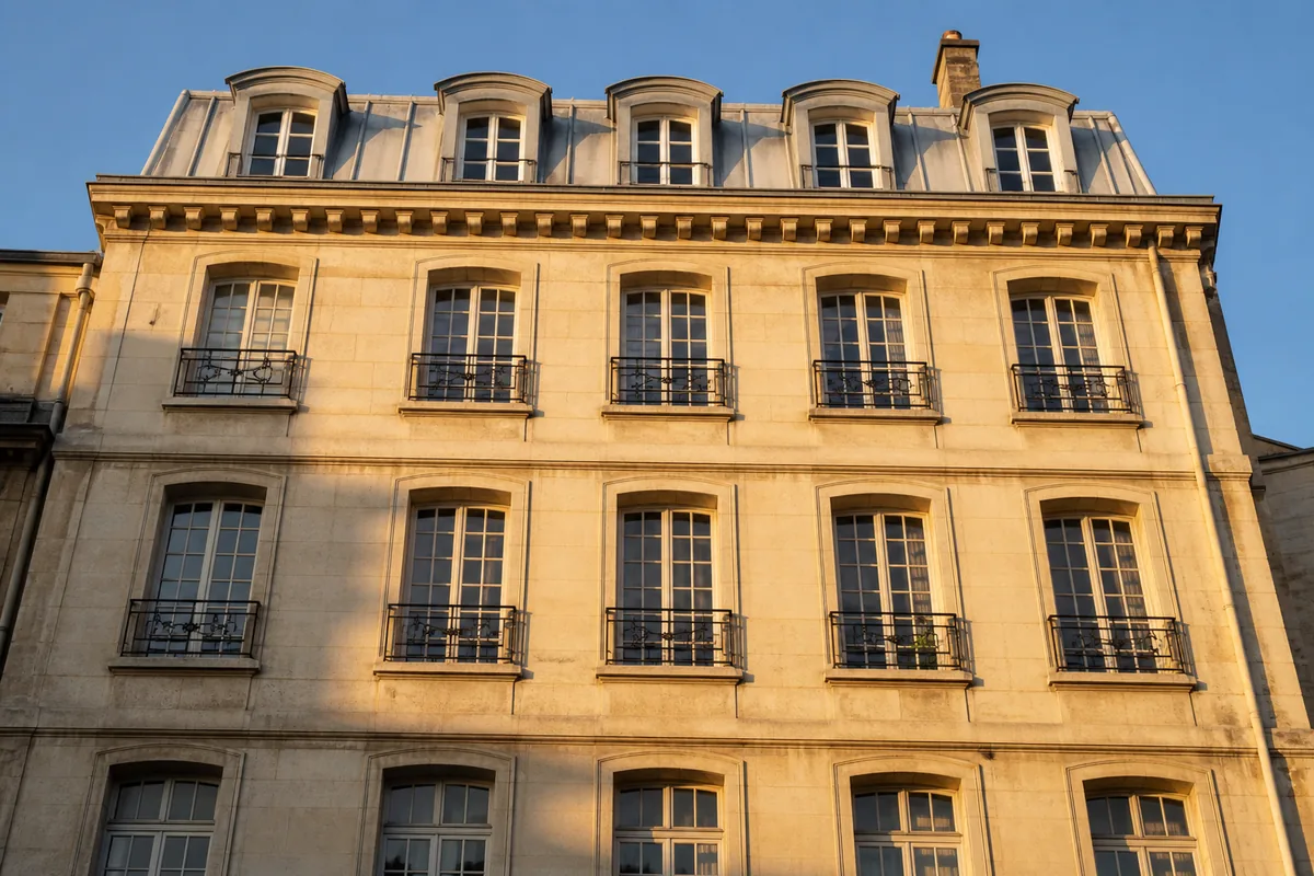 Façade d’un immeuble de rapport en pierre claire avec fenêtres à petits carreaux