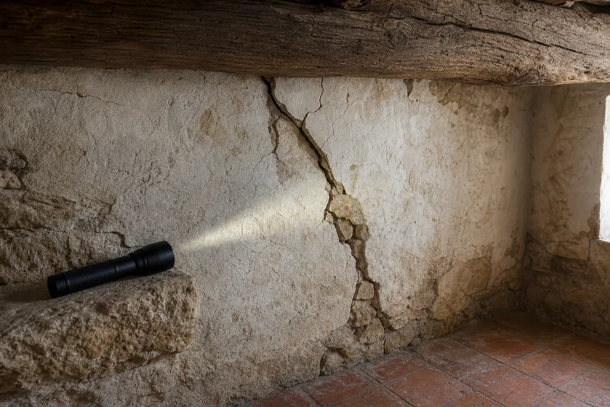 Mains gantées d’un professionnel inspectant un mur de pierre dans une maison ancienne française