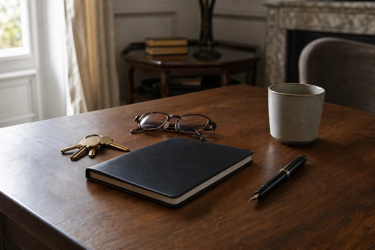 Trousseau de clés, lunettes et carnet fermé posés sur une table en bois dans un salon français