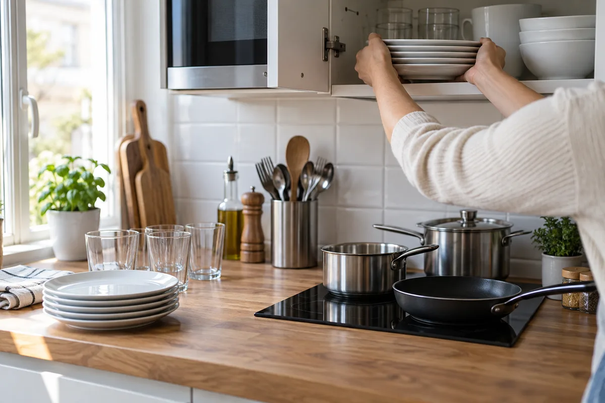 Vaisselle, ustensiles et casseroles rangés sur le plan de travail d’une cuisine équipée