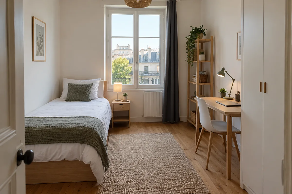 Chambre de colocataire équipée d’un lit simple, d’un bureau et d’une étagère de rangement