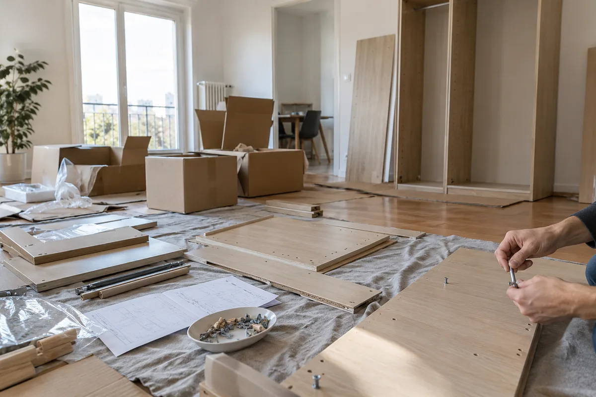 Meubles en kit et cartons ouverts dans le séjour vide d’un appartement en cours d’équipement