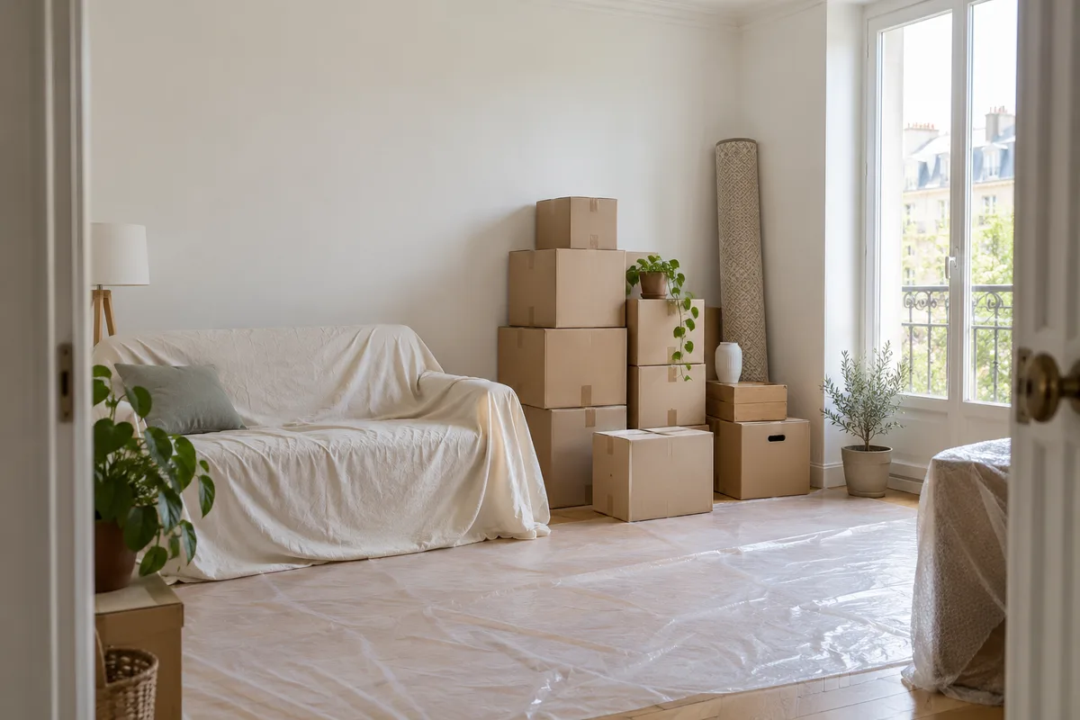 Cartons empilés et canapé drapé dans un séjour en cours de déménagement