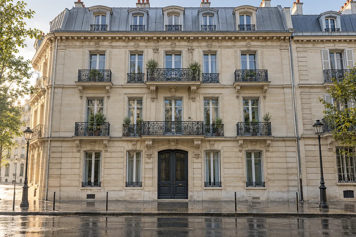 Façade d’un immeuble ancien en pierre avec balcons en fer forgé, vue depuis le trottoir d’en face