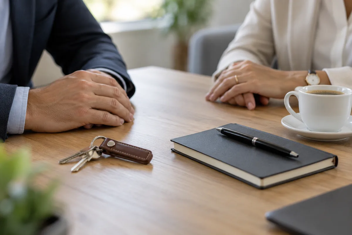 Mains posées sur une table de rendez-vous en bois clair, près d’un trousseau de clés et d’un carnet fermé