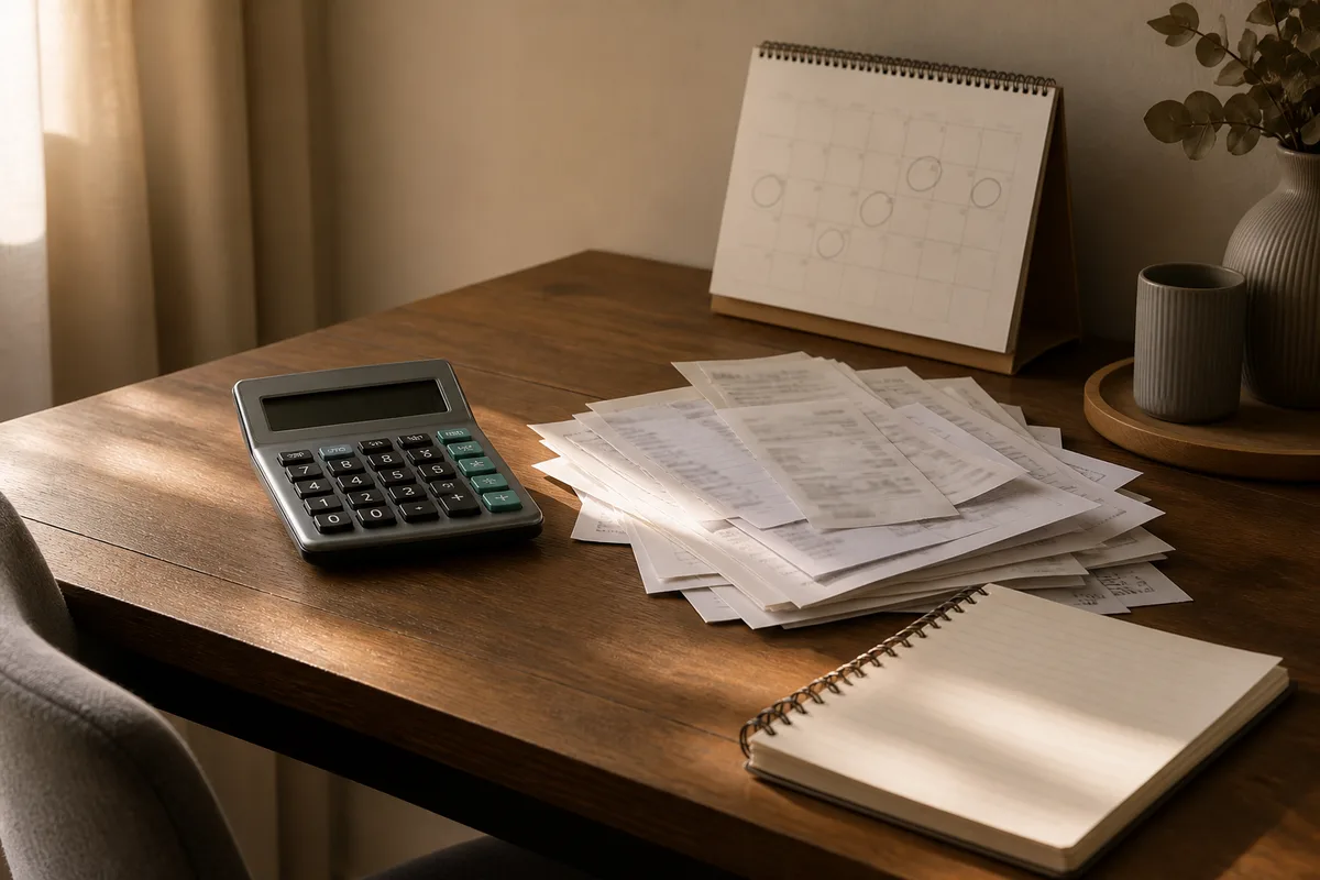 Calculatrice, quittances et calendrier posés sur un plan de travail lors du calcul d’un préjudice