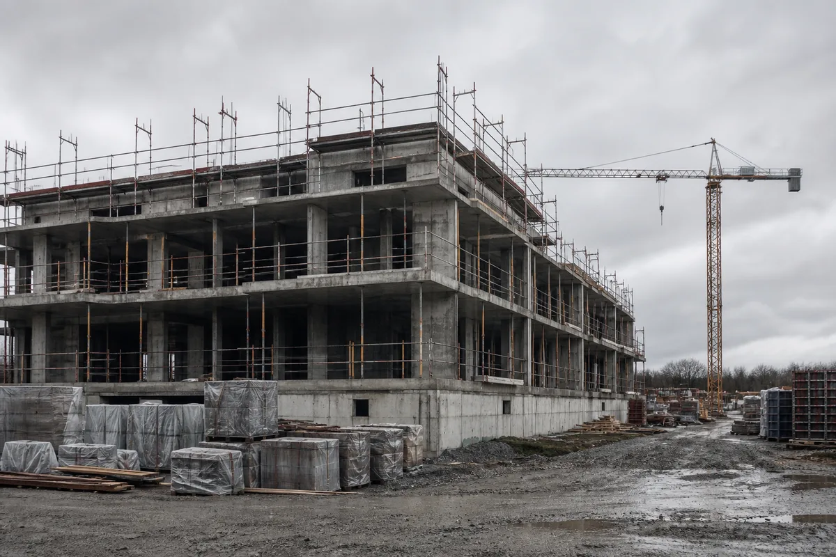 Chantier de construction à l’arrêt, grue immobile et échafaudages vides sous un ciel gris